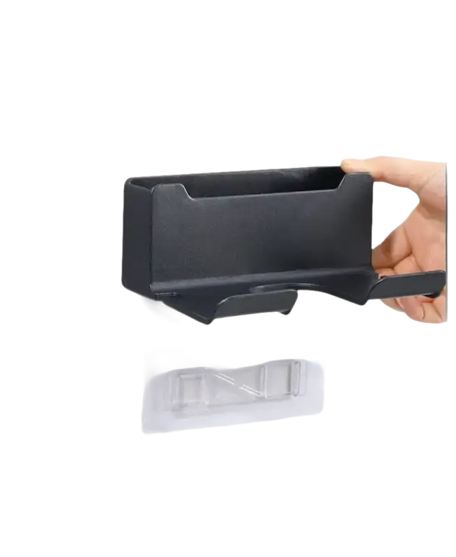 Black metal wall-mounted storage box.