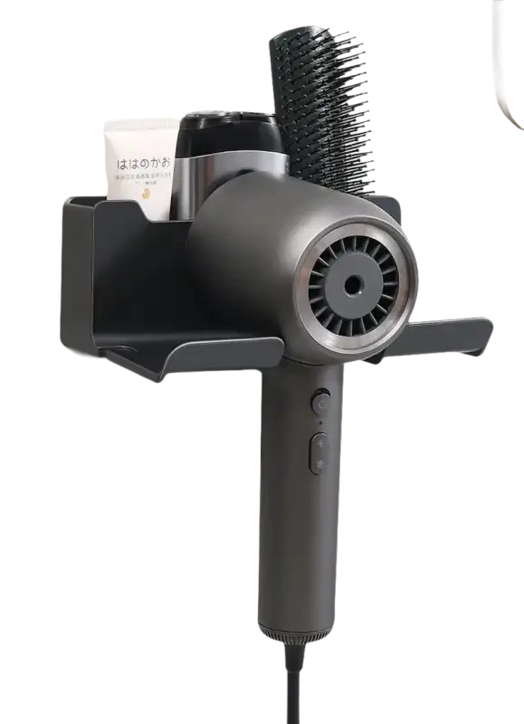 Gray hair dryer and accessories holder.