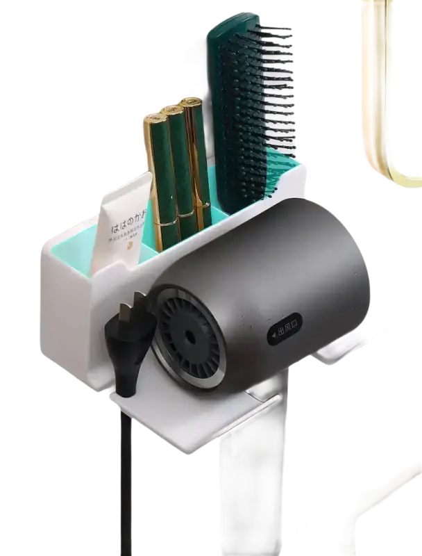 Wall-mounted hair dryer holder with storage compartments.