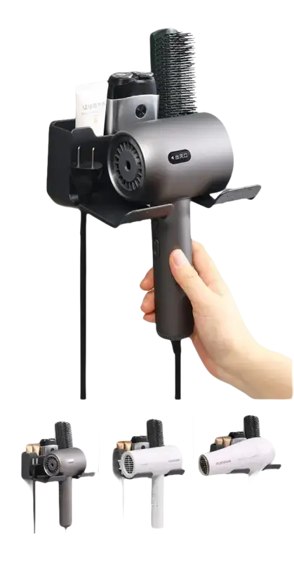 Wall-mounted hair dryer holder.