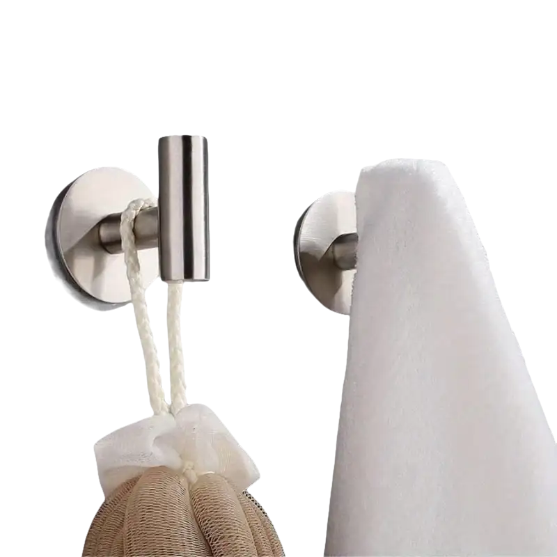 Brushed nickel towel hooks from Easy Peasy Stainless Steel Bathroom Hook Guide, trendy self-adhesive stainless steel option
