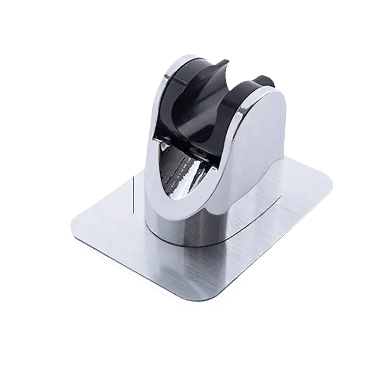 Chrome shower head holder with adhesive base.