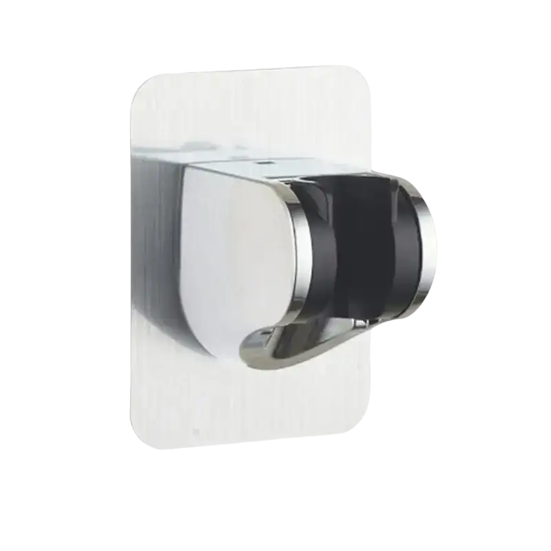 Chrome shower head holder with adhesive backing.