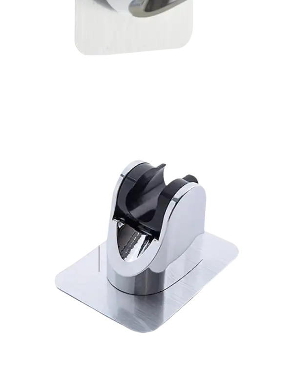 Chrome shower head holder with adhesive base.