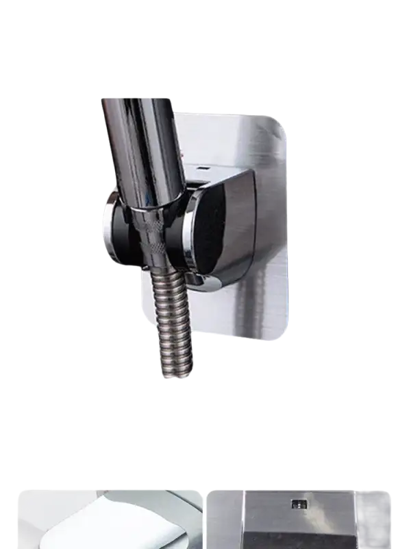 Shower head holder with adhesive backing.