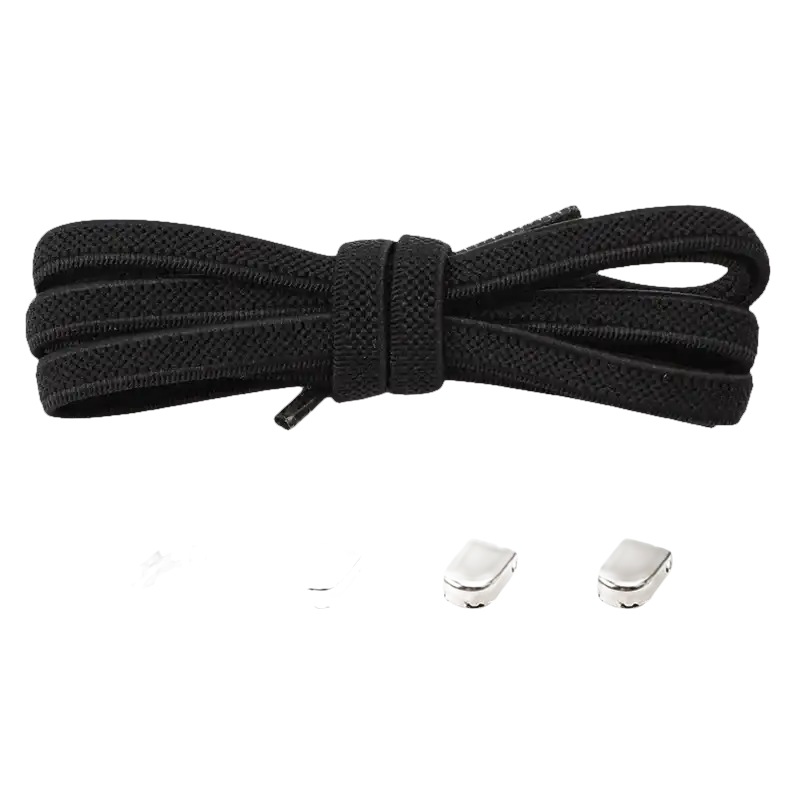 Black elastic shoelaces with metal locks.