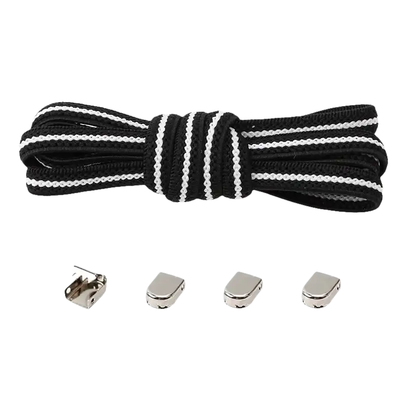 Black and white shoelaces with metal locks.