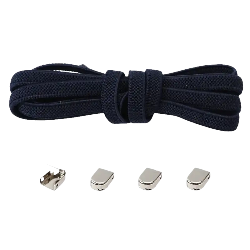 Navy blue elastic shoelaces with metal locks.