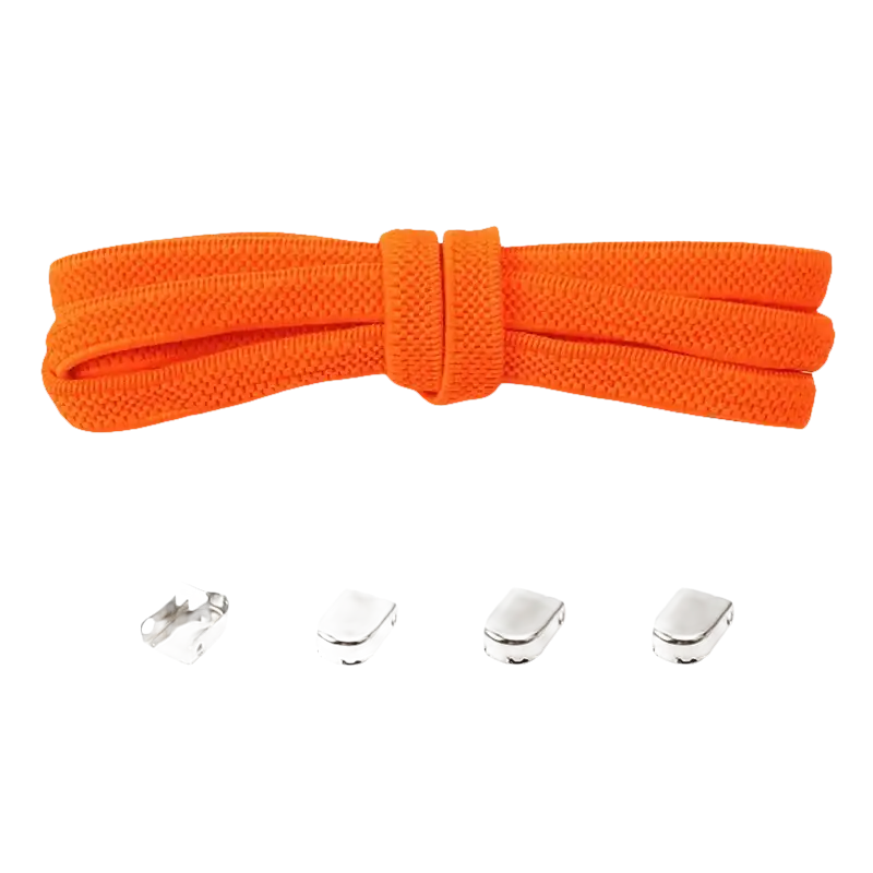Orange no-tie shoelaces with metal locks.