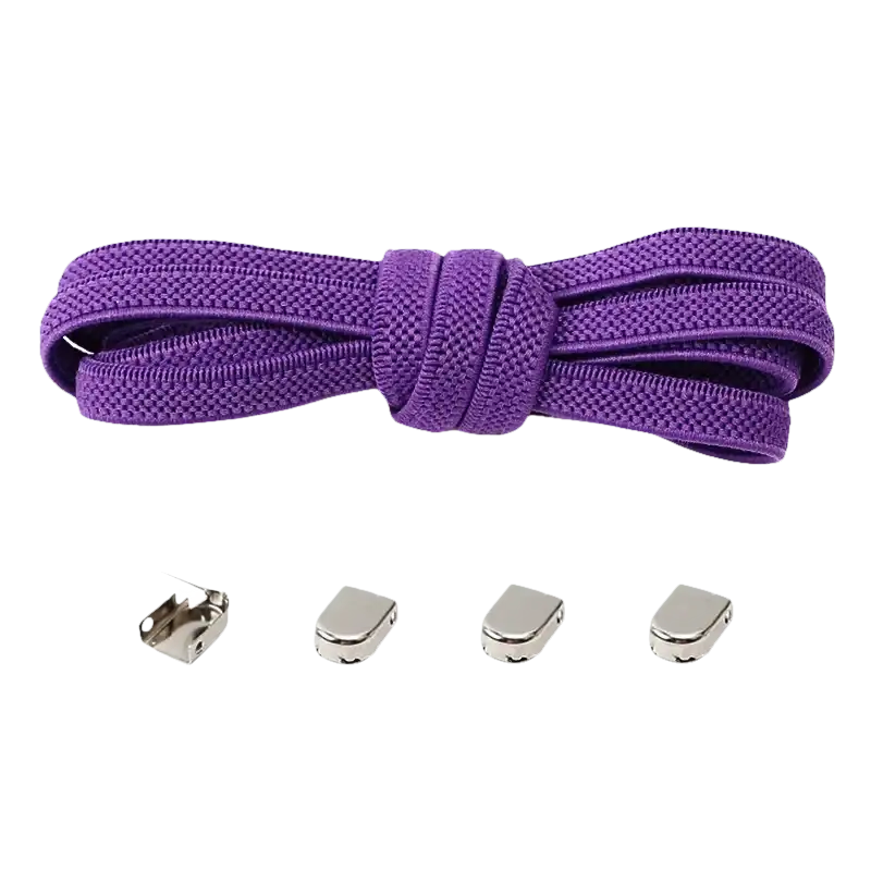 Purple no-tie shoelaces with metal locks.