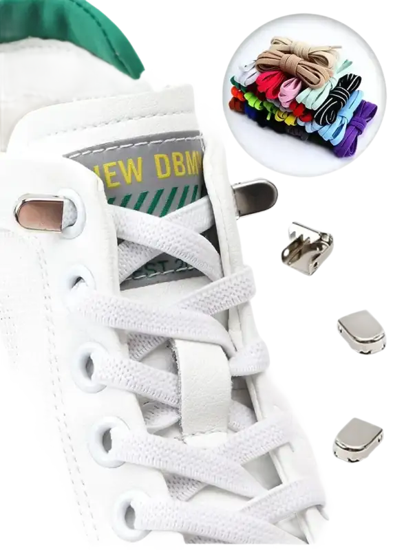 White sneaker with shoelaces and metal accessories.