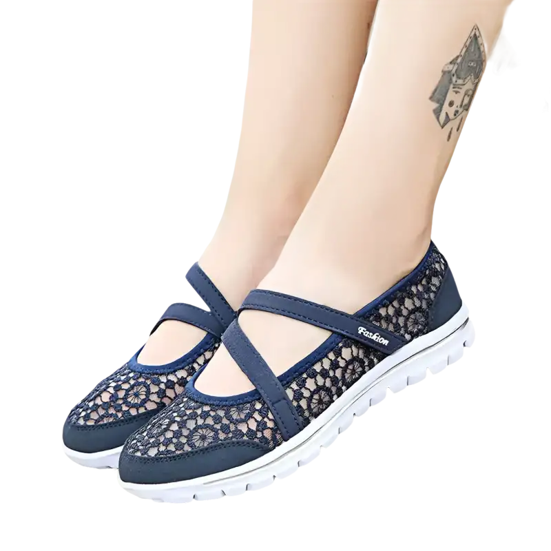 Blue lace Mary Jane shoes.