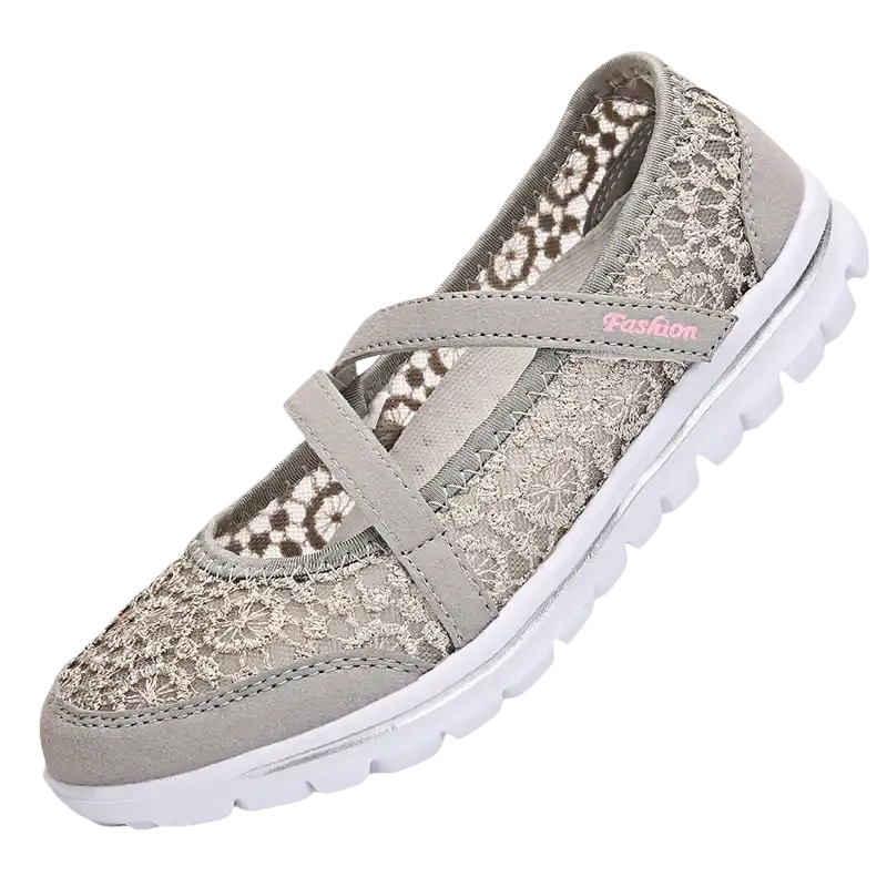 Gray lace-covered slip-on shoe.