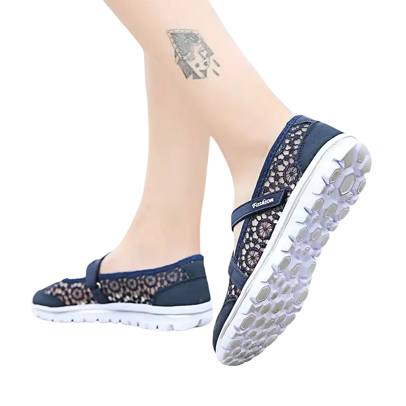 Navy blue lace Mary Jane shoes.