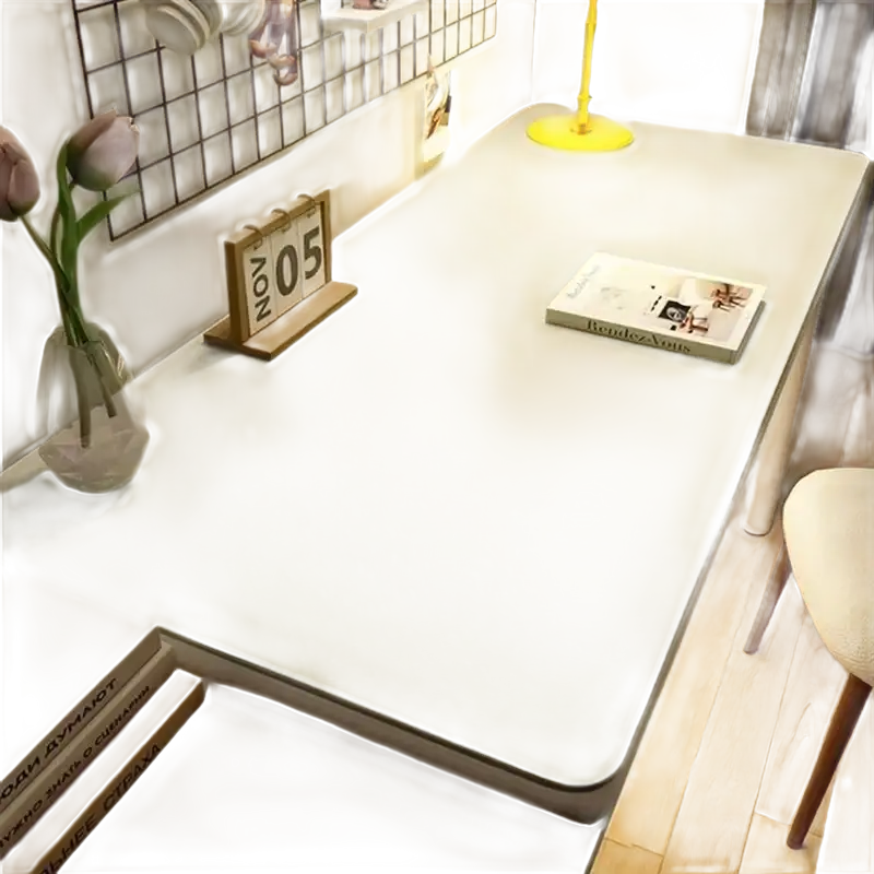 Rectangular desk with rounded corners.