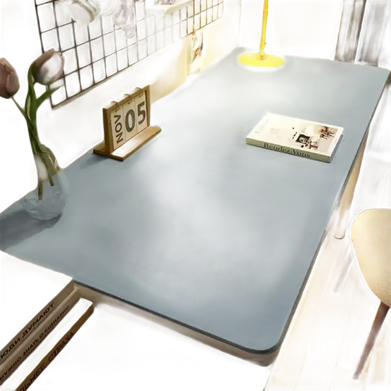 Blue desk with accessories.