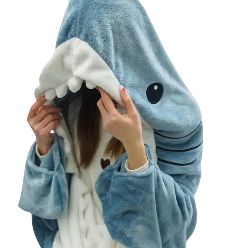 Blue shark kigurumi cartoon shark sleeping bag perfect as a shark nap blanket or sleeping bag