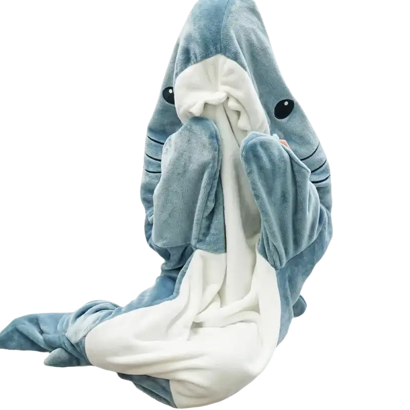 Blue shark blanket hoodie from Fintastic, perfect for shark nap blanket or cartoon shark sleeping fun