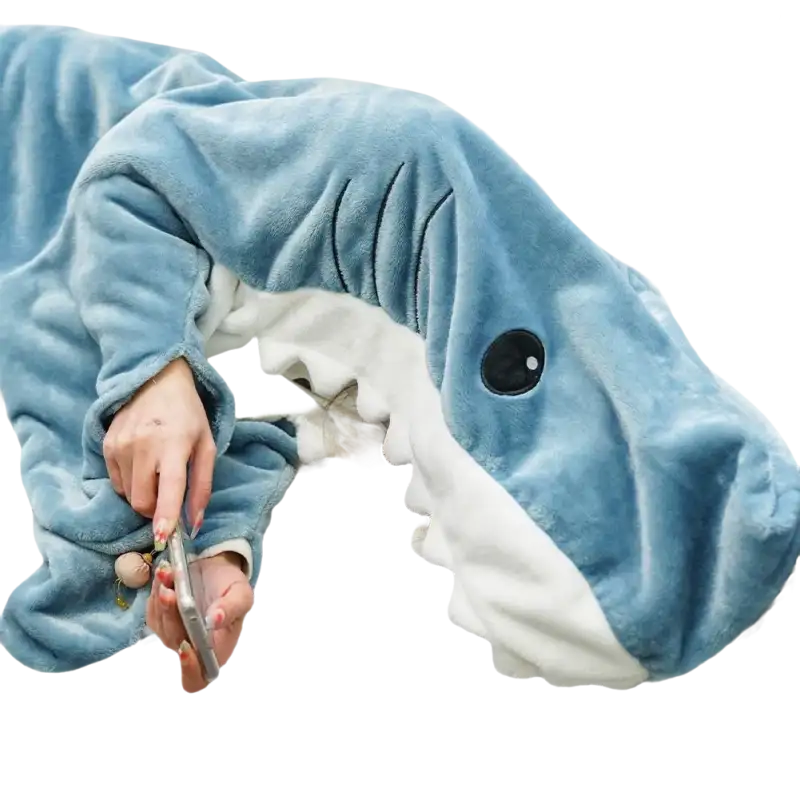 Blue shark nap blanket with white teeth, perfect for cartoon shark sleeping fun