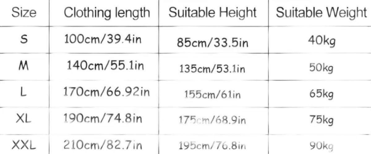 Clothing size chart for Fintastic Blue Shark Kigurumi shark nap blanket and cartoon shark sleeping bag