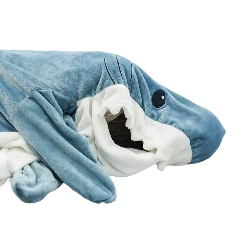 Blue plush shark sleeping bag perfect for a trendy cartoon shark nap blanket