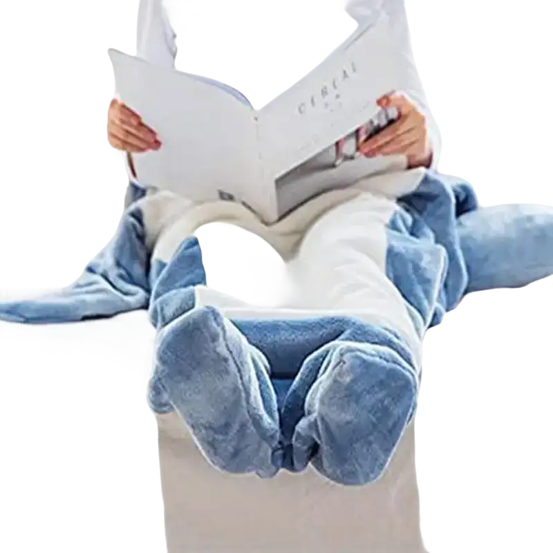 Blue and white shark nap blanket with foot pockets, perfect for cartoon shark sleeping fun