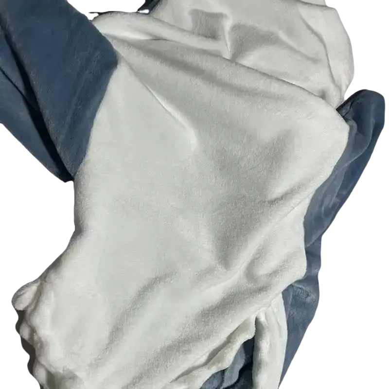 Blue and white plush shark shark nap blanket from Fintastic Blue Shark Kigurumi is super trendy