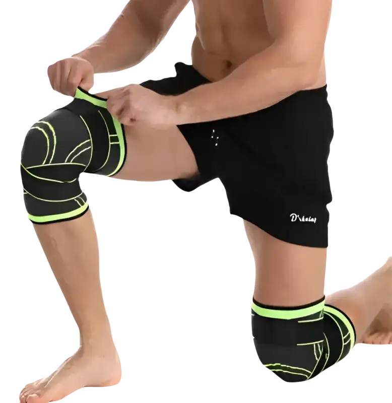 Black and green knee compression sleeves.