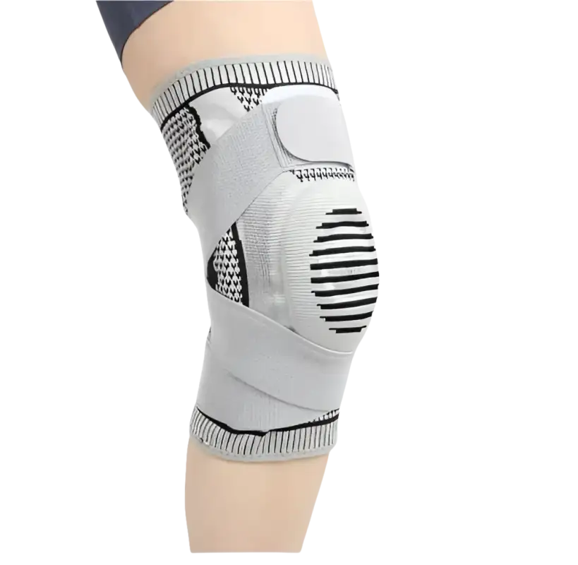 Gray knee brace with straps.