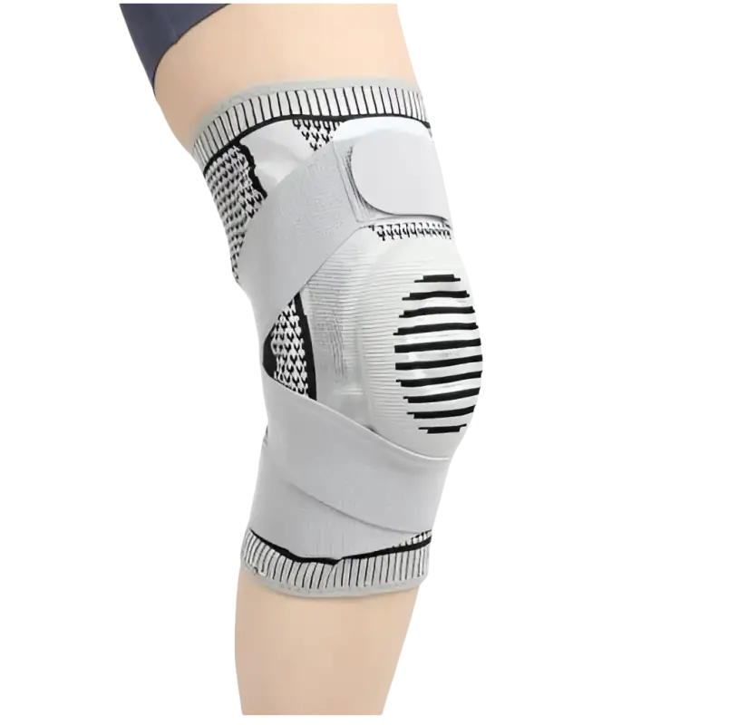 Gray knee brace with straps.