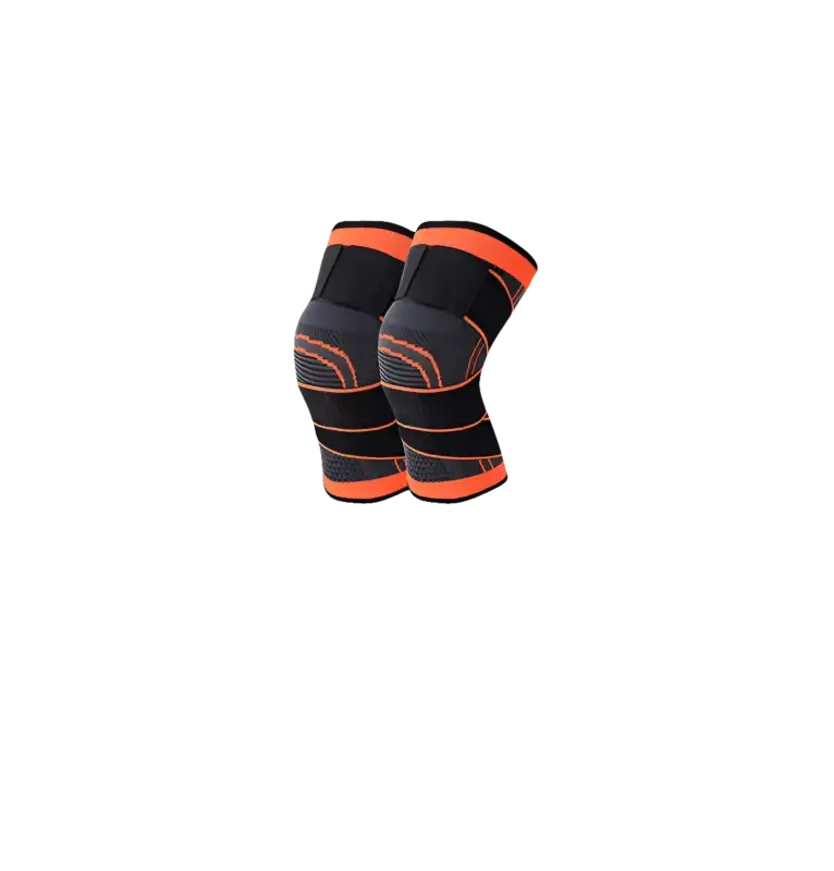 Pair of black and orange knee braces.