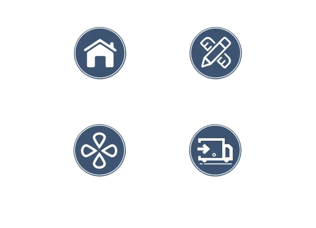 Four icons representing factory ownership, customization, specifications, and delivery speed.