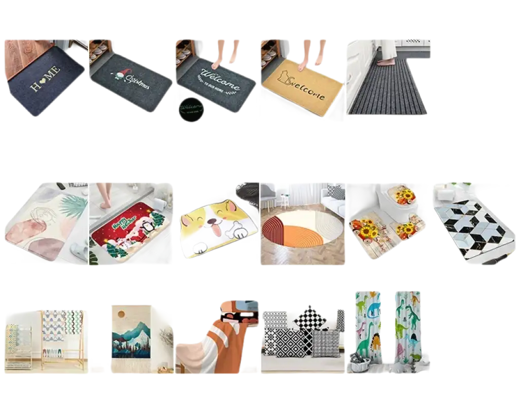 Variety of floor mats and home textiles.