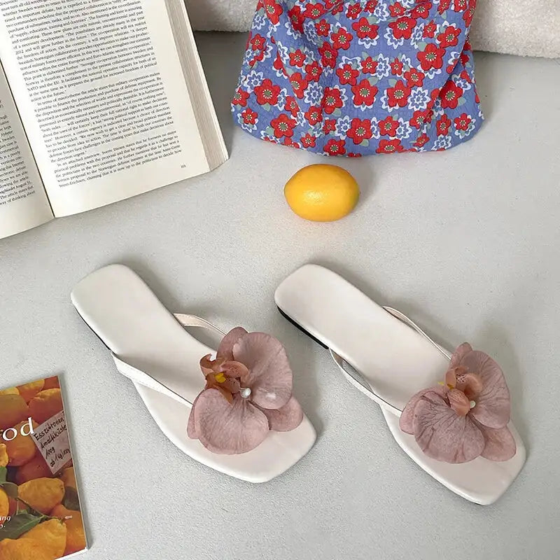 Summer Women Flower Flip Flop Fashion Clip Toe Flats Slide Ladies Casual Soft Sole Beach Slippers - Beige / 38