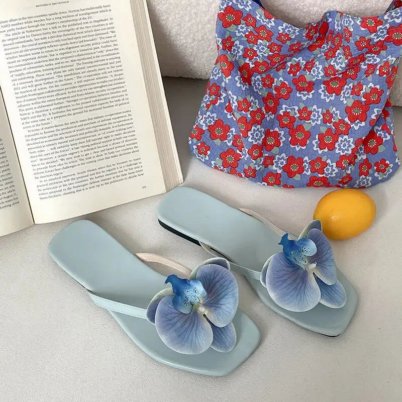 Summer Women Flower Flip Flop Fashion Clip Toe Flats Slide Ladies Casual Soft Sole Beach Slippers - Blue / 36