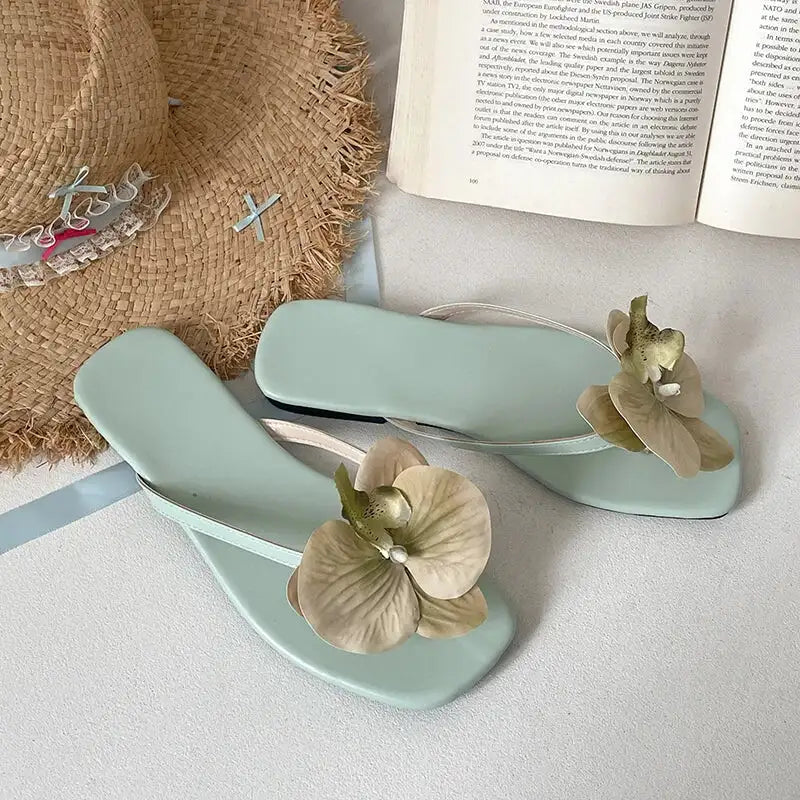 Summer Women Flower Flip Flop Fashion Clip Toe Flats Slide Ladies Casual Soft Sole Beach Slippers - light green / 36