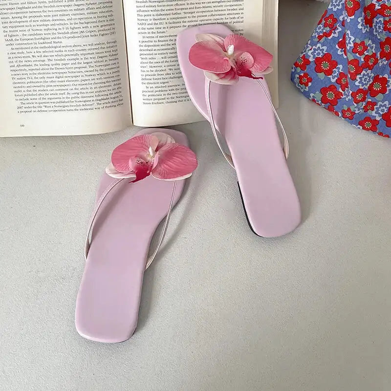 Summer Women Flower Flip Flop Fashion Clip Toe Flats Slide Ladies Casual Soft Sole Beach Slippers - Pink / 40