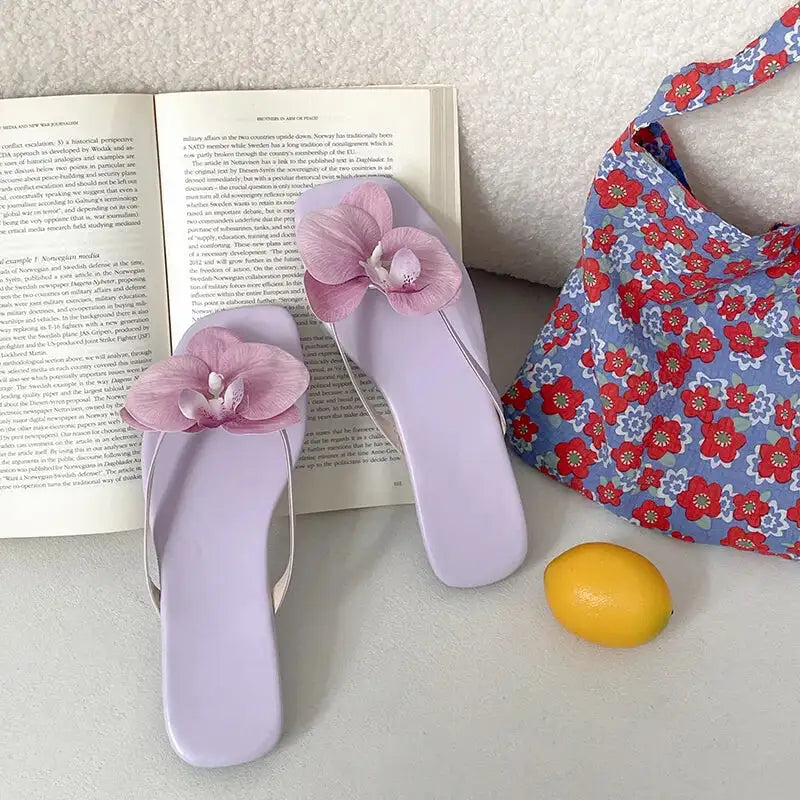 Summer Women Flower Flip Flop Fashion Clip Toe Flats Slide Ladies Casual Soft Sole Beach Slippers - PURPLE / 36