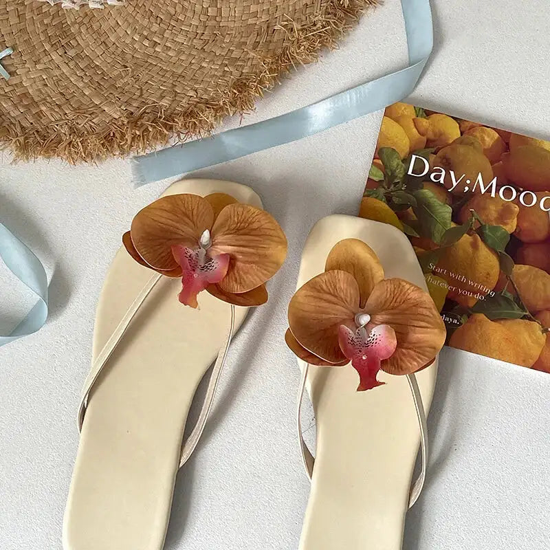 Summer Women Flower Flip Flop Fashion Clip Toe Flats Slide Ladies Casual Soft Sole Beach Slippers - Yellow / 40