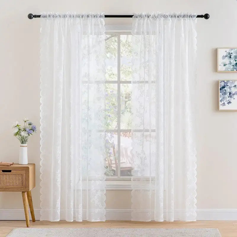 White Lace Curtains 84 Inches Long for Living Room Bedroom Scalloped Sheer Curtains Rose Floral Embroidered Farmhouse