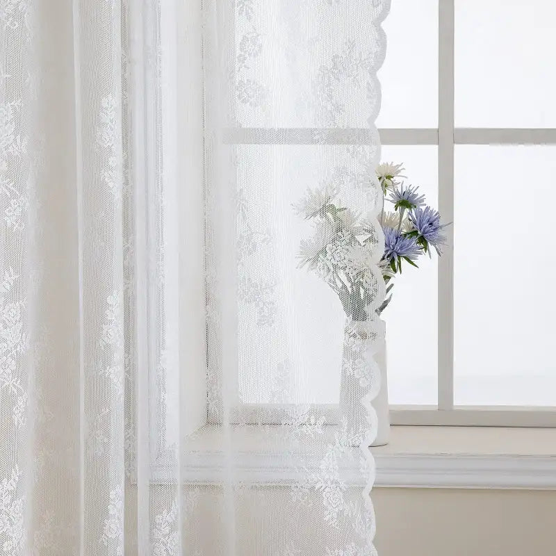 White Lace Curtains 84 Inches Long for Living Room Bedroom Scalloped Sheer Curtains Rose Floral Embroidered Farmhouse