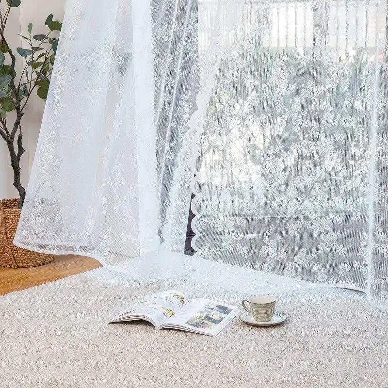 White Lace Curtains 84 Inches Long for Living Room Bedroom Scalloped Sheer Curtains Rose Floral Embroidered Farmhouse