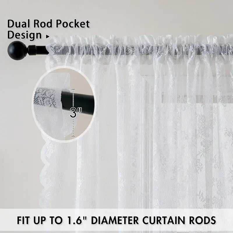 White Lace Curtains 84 Inches Long for Living Room Bedroom Scalloped Sheer Curtains Rose Floral Embroidered Farmhouse