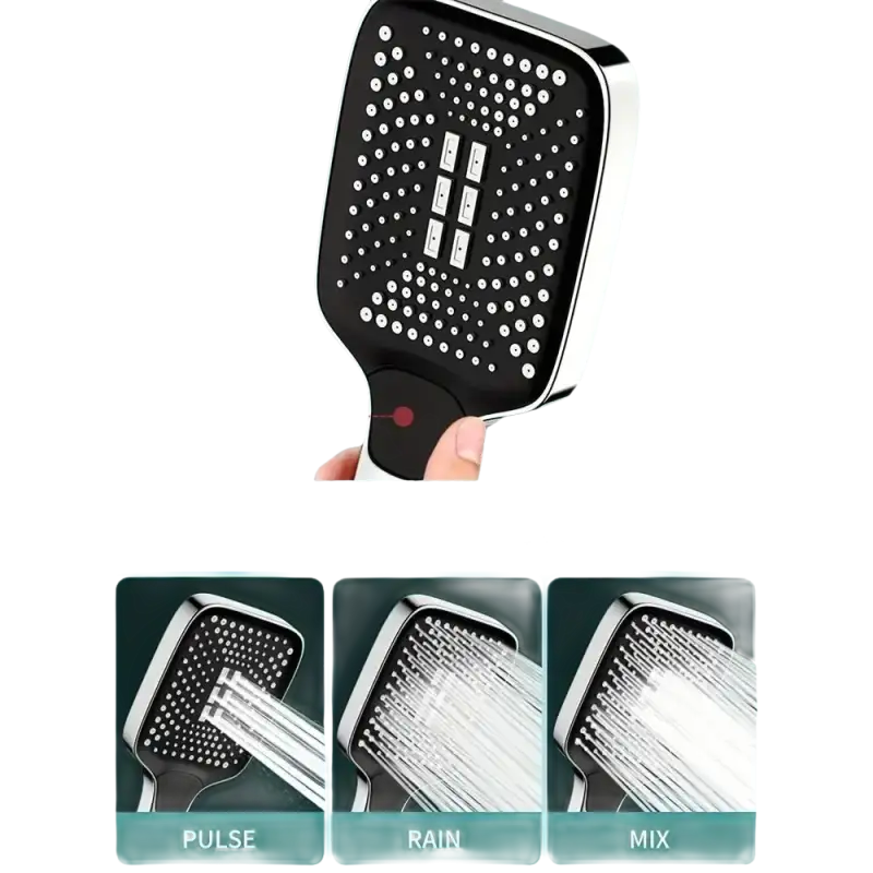 Square shower head with multiple spray patterns.