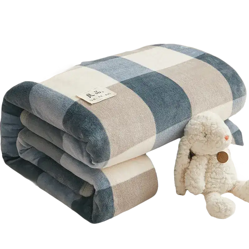 Folded blue and beige checkered blanket.