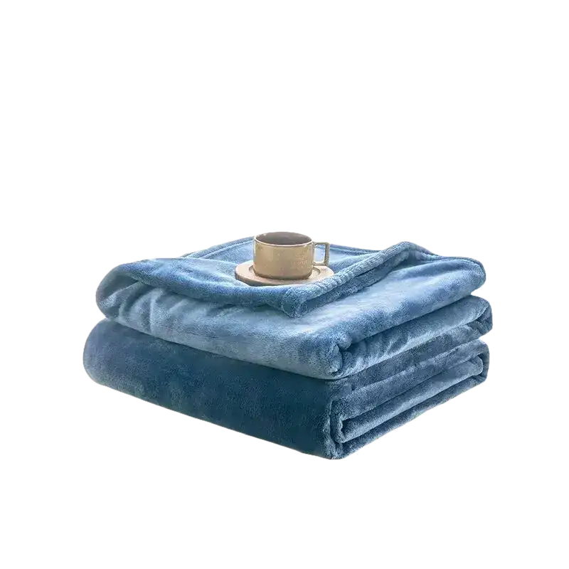 Stacked blue plush blankets.