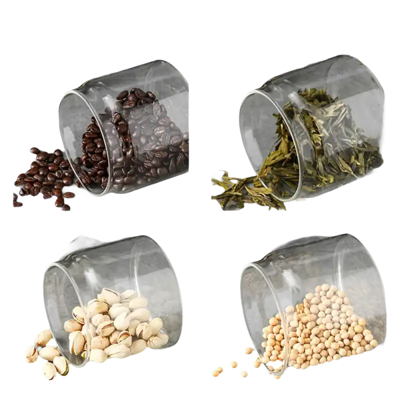 Four glass containers with various food items.