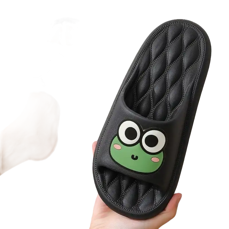 Black frog-themed slide sandals.