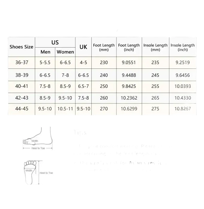 Shoe size chart with conversion information and tips.
