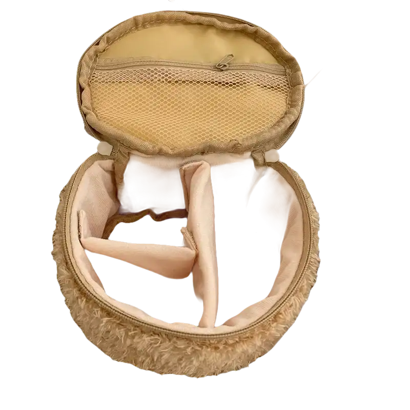 Open, fuzzy, round cosmetic bag.